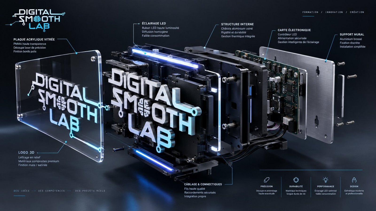 Rendu éclaté d’une enseigne lumineuse Digital Smooth Lab : plaque acrylique, éclairage LED, structure interne, carte électronique, support mural.